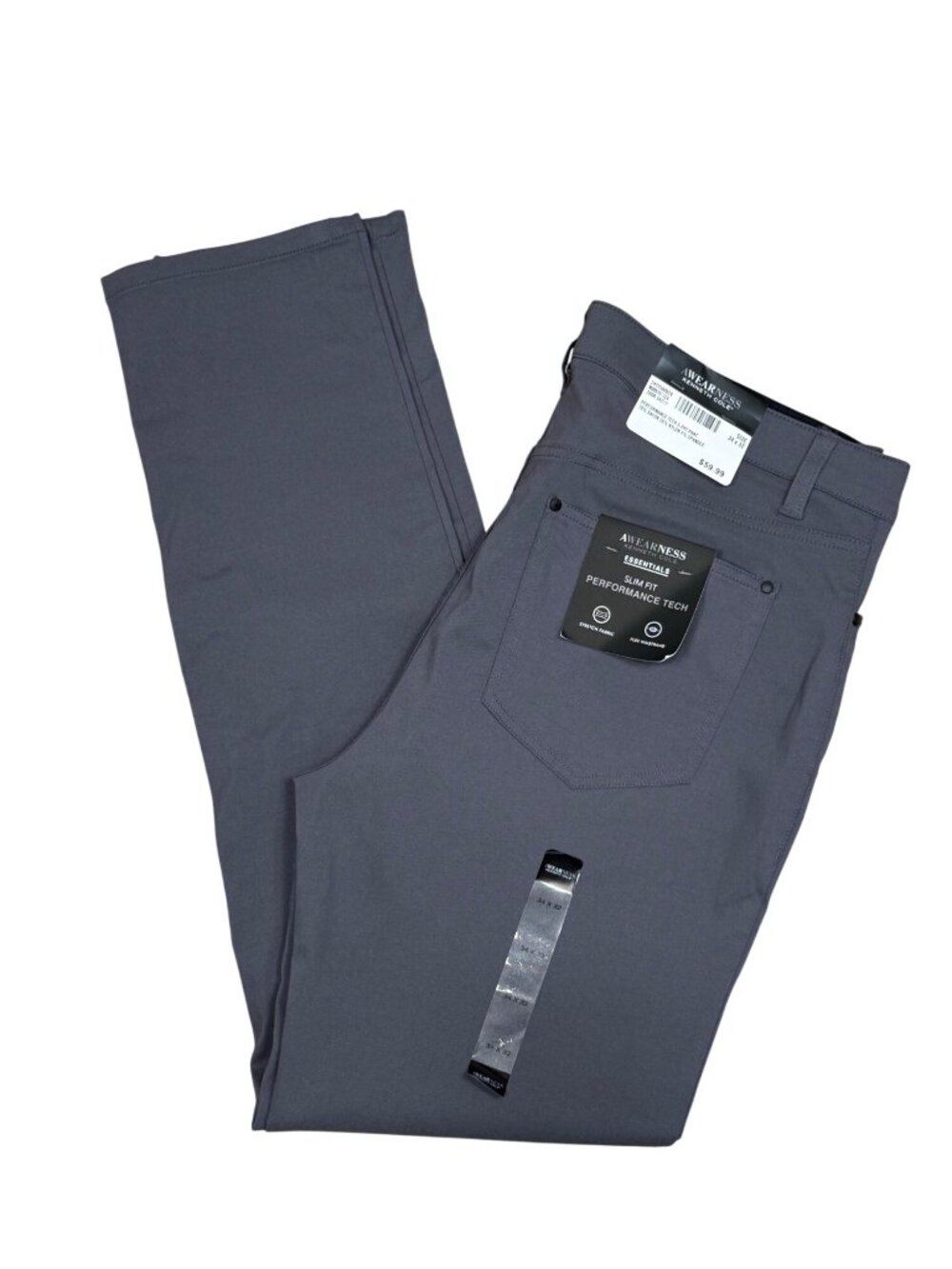Kenneth Cole Mens Slim Fit Awearness Performance Pants Flex Waistband 34x32 Gray